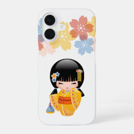 Summer Kokeshi Doll - Yellow Kimono Geisha Girl iPhone 16 Hoesje