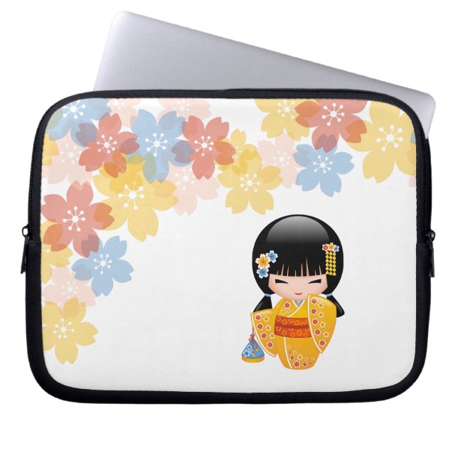 Summer Kokeshi Doll - Yellow Kimono Geisha Girl Laptop Sleeve (Voorkant)