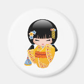Summer Kokeshi Doll - Yellow Kimono Geisha Girl Magneet (Voorkant)