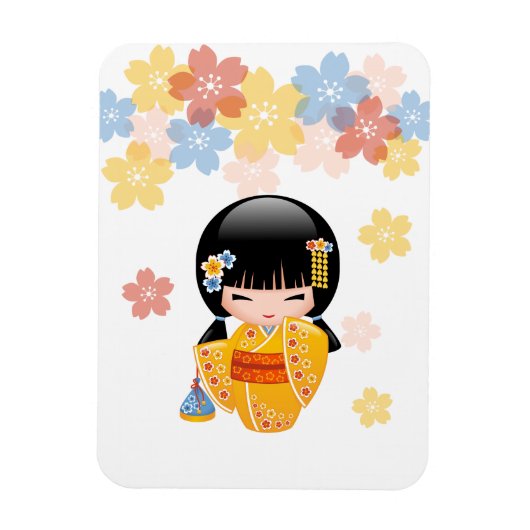 Summer Kokeshi Doll - Yellow Kimono Geisha Girl Magneet (Verticaal)
