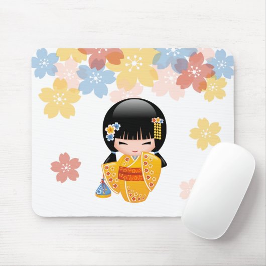 Summer Kokeshi Doll - Yellow Kimono Geisha Girl Muismat (Met muis)
