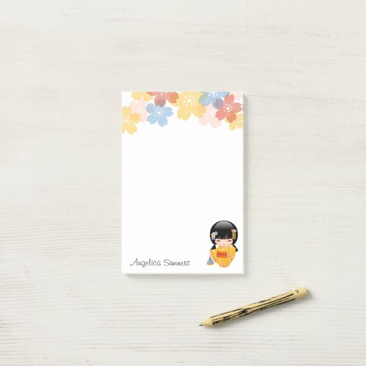Summer Kokeshi Doll - Yellow Kimono Geisha Girl Post-it® Notes (Op bureau)