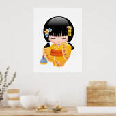Summer Kokeshi Doll - Yellow Kimono Geisha Girl Poster (Keuken)