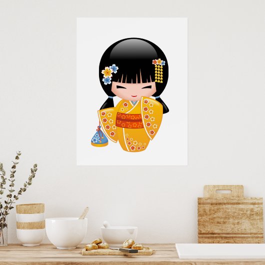 Summer Kokeshi Doll - Yellow Kimono Geisha Girl Poster (Keuken)