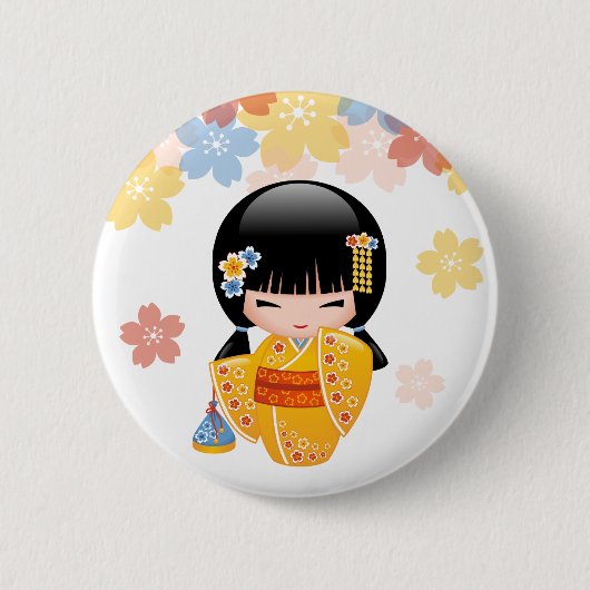 Summer Kokeshi Doll - Yellow Kimono Geisha Girl Ronde Button 5,7 Cm (Voorkant)
