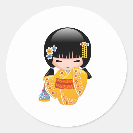 Summer Kokeshi Doll - Yellow Kimono Geisha Girl Ronde Sticker (Voorkant)