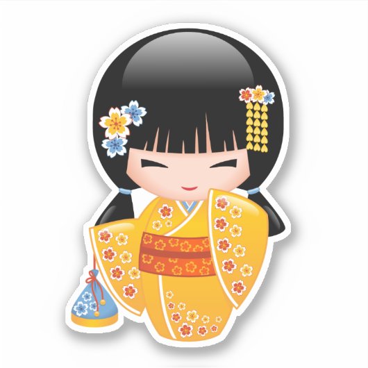 Summer Kokeshi Doll - Yellow Kimono Geisha Girl Sticker (Voorkant)