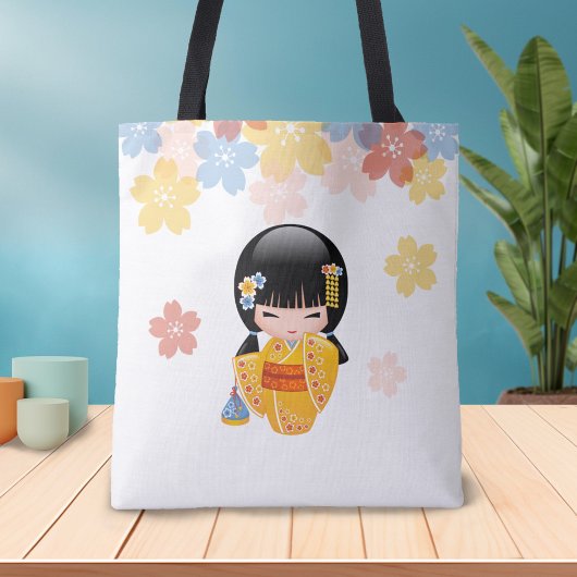 Summer Kokeshi Doll - Yellow Kimono Geisha Girl Tote Bag