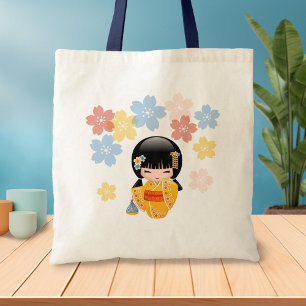 Summer Kokeshi Doll - Yellow Kimono Geisha Girl Tote Bag