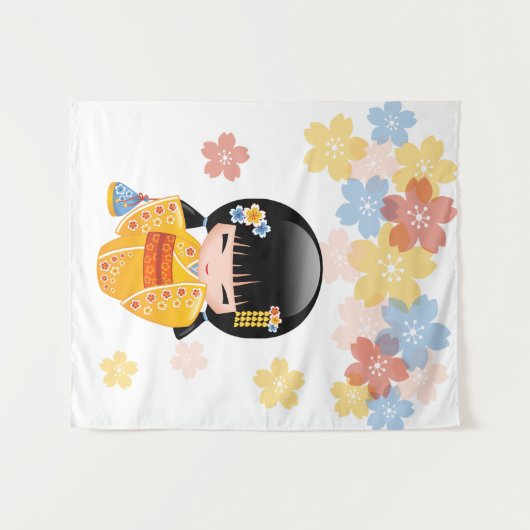 Summer Kokeshi Doll - Yellow Kimono Geisha Girl Wandkleed (Voorkant (horizontaal))