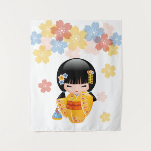 Summer Kokeshi Doll - Yellow Kimono Geisha Girl Wandkleed
