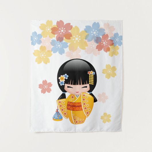 Summer Kokeshi Doll - Yellow Kimono Geisha Girl Wandkleed (Voorkant)