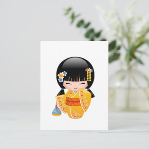 Summer Kokeshi Doll - Yellow Kimono Girl Briefkaart
