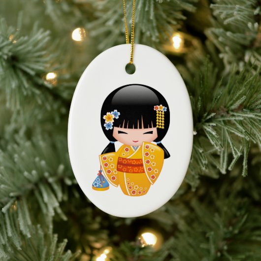 Summer Kokeshi Doll - Yellow Kimono Girl Keramisch Ornament (Boom)