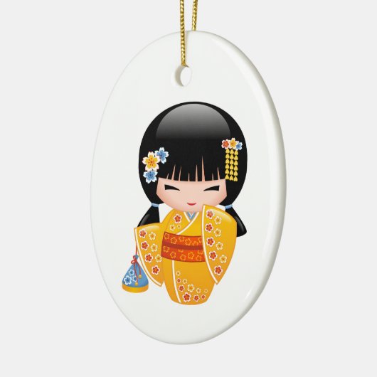 Summer Kokeshi Doll - Yellow Kimono Girl Keramisch Ornament (Links)