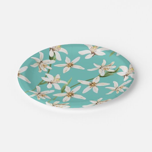 Summer Lemon blossom pattern on teal Papieren Bordje (Gekanteld)