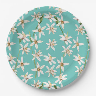 Summer Lemon blossom pattern on teal Papieren Bordje