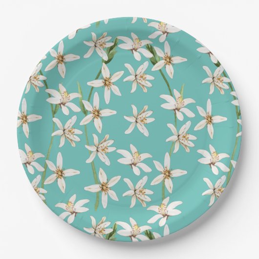 Summer Lemon blossom pattern on teal Papieren Bordje (Voorkant)