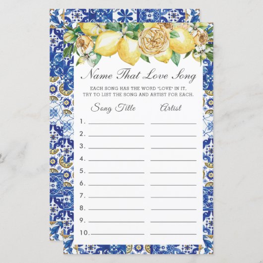 Summer Lemon Floral Name that Love Song Game (Voorkant / Achterkant)