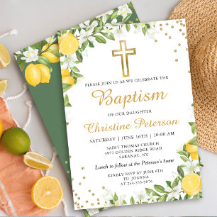 Summer Lemon Greenery Gold Cross Baptisme Kaart