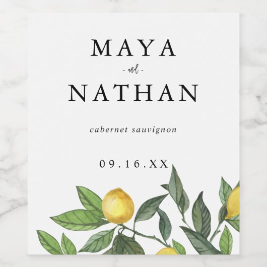 Summer Lemon Greenery Personalized Wedding Wijn Etiket (Enkel label)