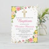 Summer Lemon Greenery Pink Floral Girl Baptisme Kaart (Staand voorkant)