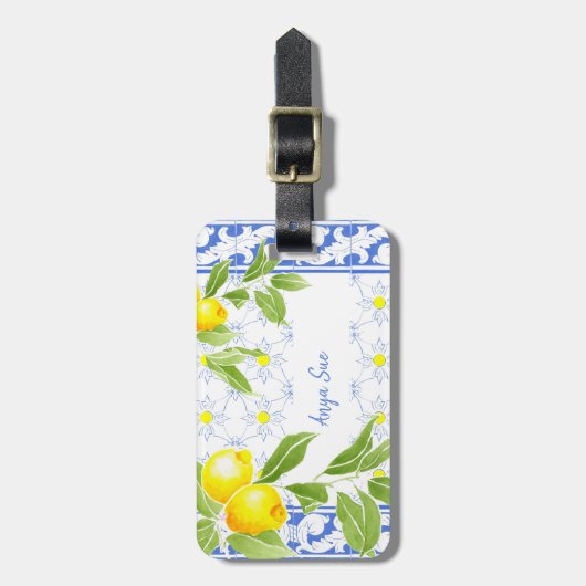 Summer Lemon op Portugees blauw en White Azulejo Bagagelabel (Voorkant verticaal)