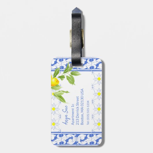 Summer Lemon op Portugees blauw en White Azulejo Bagagelabel (Achterkant verticaal)