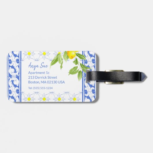 Summer Lemon op Portugees blauw en White Azulejo Bagagelabel (Achterkant horizontaal)
