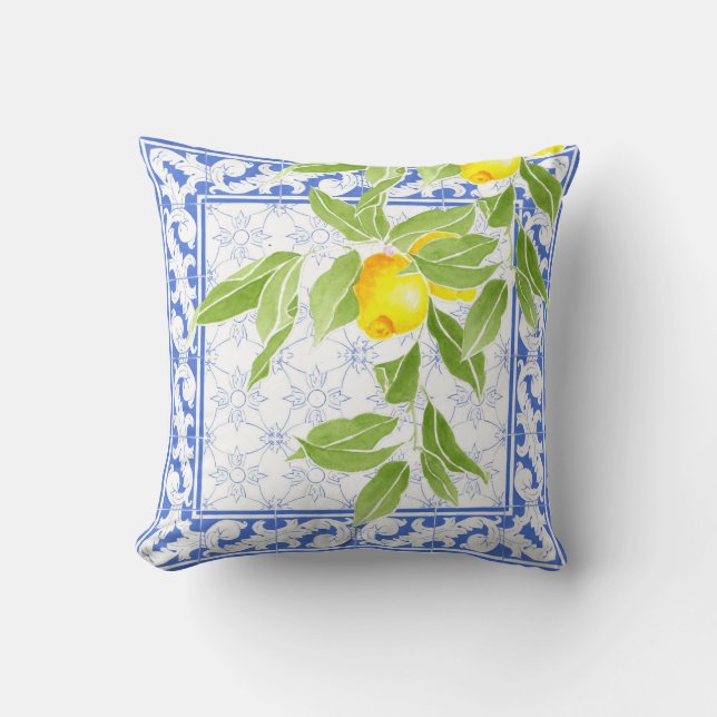 Summer Lemon op Portugees blauw en White Azulejo Kussen (Voorkant)