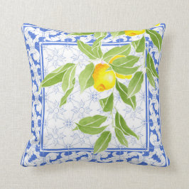 Summer Lemon op Portugees blauw en White Azulejo Kussen