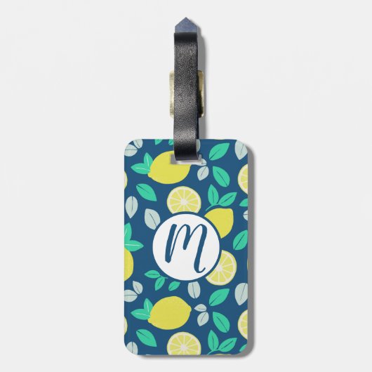 Summer Lemon Pattern in Navy Blue Bagagelabel (Achterkant verticaal)