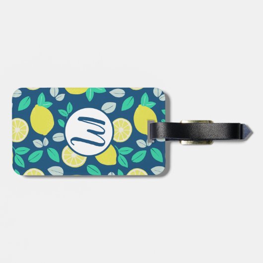 Summer Lemon Pattern in Navy Blue Bagagelabel (Achterkant horizontaal)