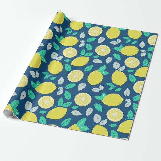 Summer Lemon Pattern in Navy Blue Cadeaupapier (Uitgerold)