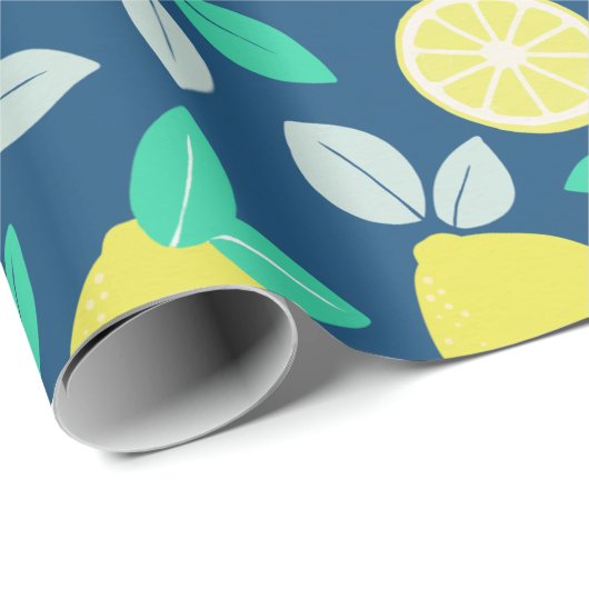 Summer Lemon Pattern in Navy Blue Cadeaupapier (Rol Hoek)