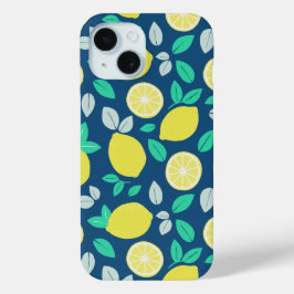 Summer Lemon Pattern in Navy Blue iPhone 15 Case