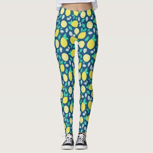 Summer Lemon Pattern in Navy Blue Leggings (Voorkant)