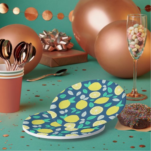 Summer Lemon Pattern in Navy Blue Papieren Bordje (Multi)