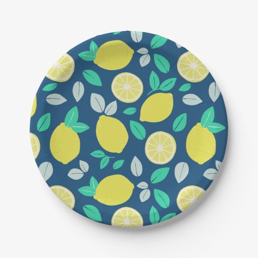 Summer Lemon Pattern in Navy Blue Papieren Bordje (Voorkant)