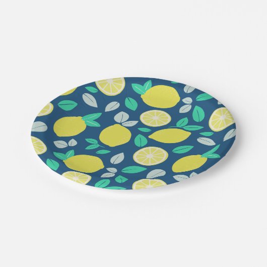 Summer Lemon Pattern in Navy Blue Papieren Bordje (Gekanteld)