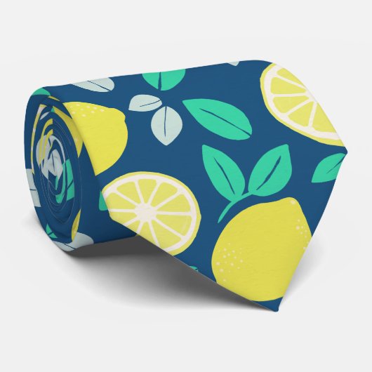 Summer Lemon Pattern in Navy Blue Stropdas (Opgerold)