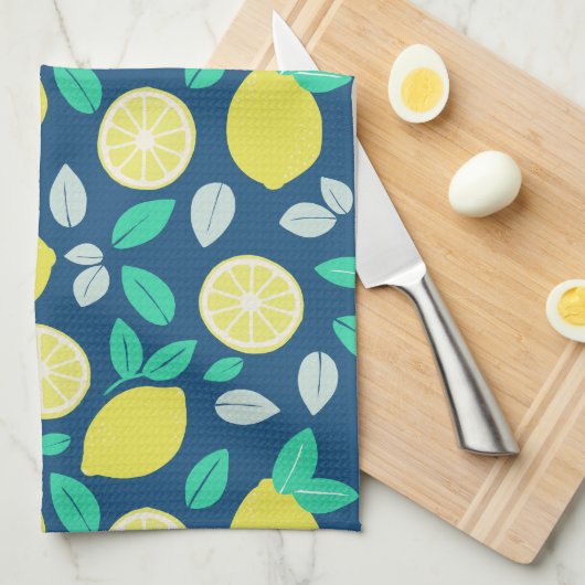 Summer Lemon Pattern in Navy Blue Theedoek (Quarter Fold)