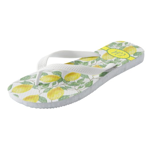 Summer Lemon Pattern Initiaal Yellow White Lemonad Teenslippers (Schuin)