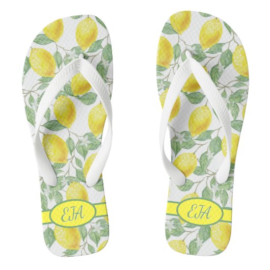 Summer Lemon Pattern Initiaal Yellow White Lemonad Teenslippers (Voetbed)