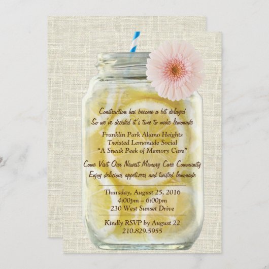 Summer Lemonade Mason Jar House Party Kaart (Voorkant / Achterkant)