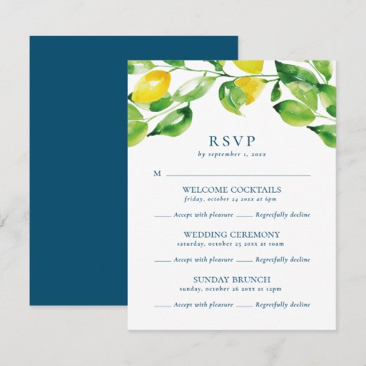 Summer Lemons en Foliage Multi Event Wedding RSVP Kaartje (Voorkant / Achterkant)