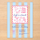 Summer Life's a Beach Blue Stripes Birthday Party Acryl Uitnodigingen (Voorkant)