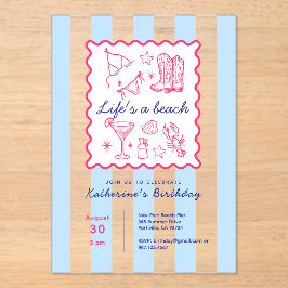 Summer Life's a Beach Blue Stripes Birthday Party  Acryl Uitnodigingen