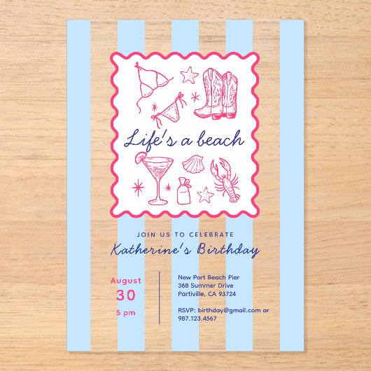 Summer Life's a Beach Blue Stripes Birthday Party  Acryl Uitnodigingen (Voorkant)