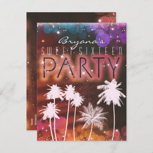 Summer Lights Sparkle Palm Trees Party Invitation Uitnodiging Briefkaart (Voorkant / Achterkant)